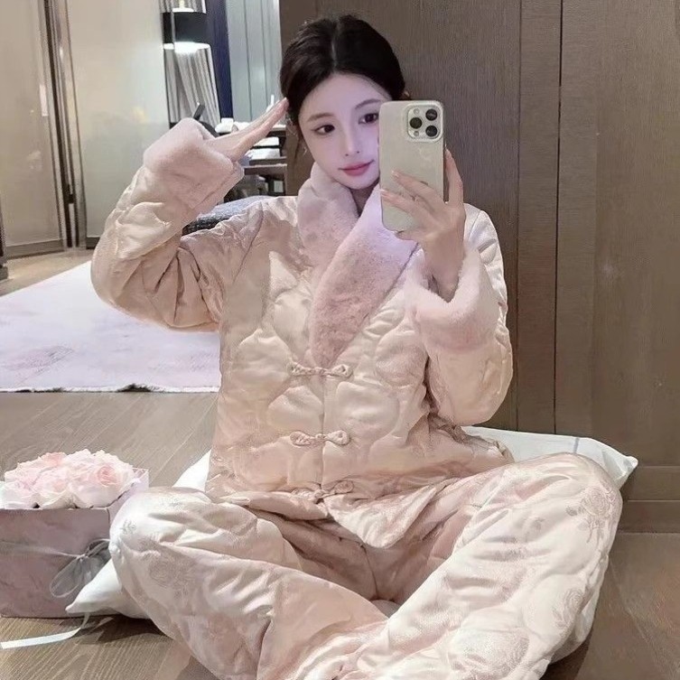 新中式复古国风毛领珊瑚绒睡衣女冬季加绒加厚保暖家居服大码套装,女士内衣/男士内衣/家居服,睡衣/家居服套装,淘宝优惠券,粉丝福利购,淘宝优惠卷