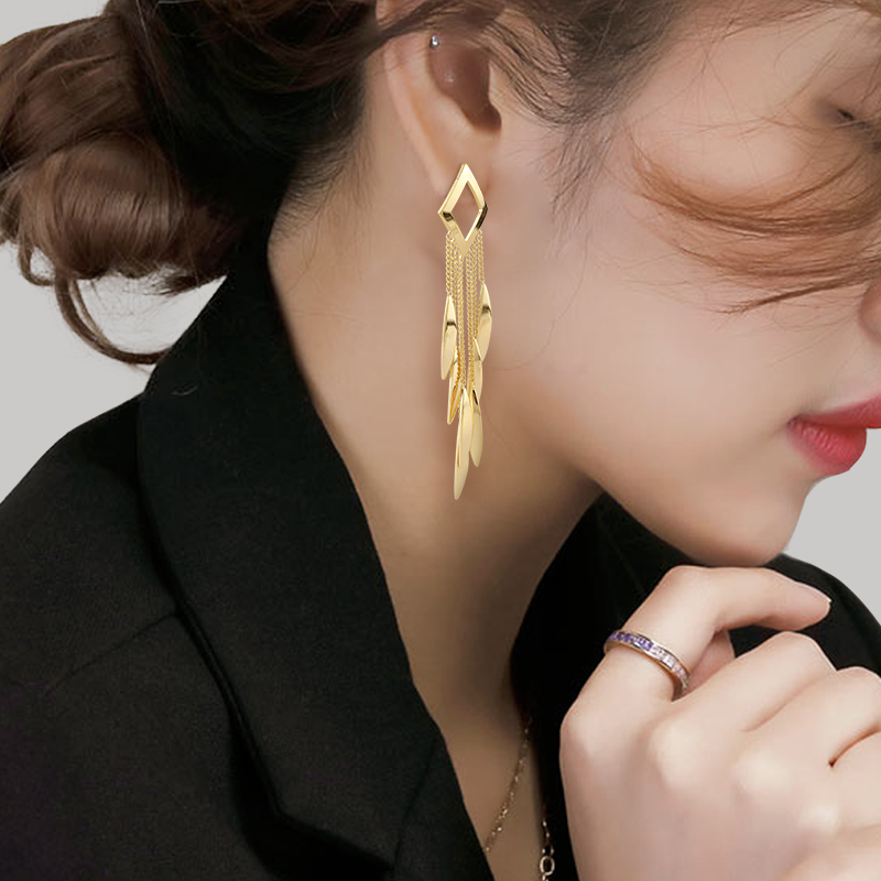 金色树叶流苏耳环欧美长款耳饰