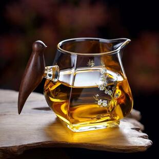 中式加厚耐热玻璃公道杯喜鹊木柄登梅带茶漏高硼硅分茶器功夫茶具