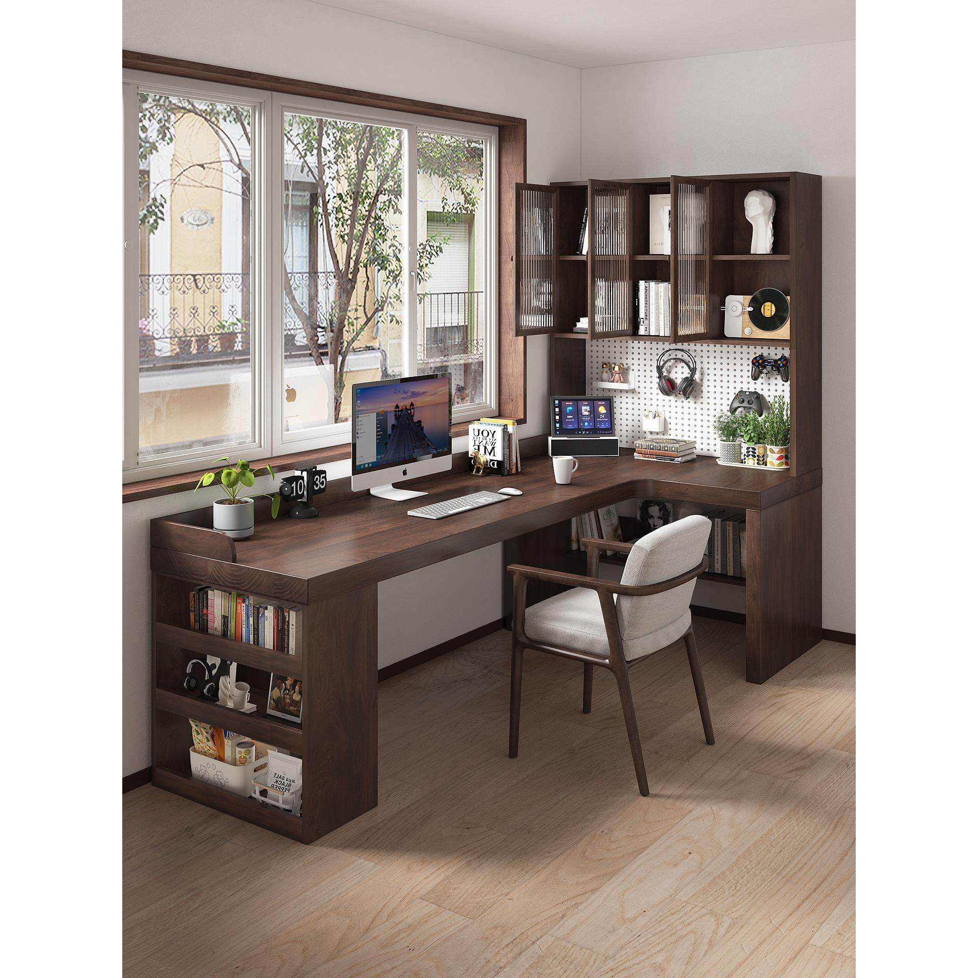 全实木转角书桌书柜一体l型办公工作台式家用拐角电脑桌书架组合