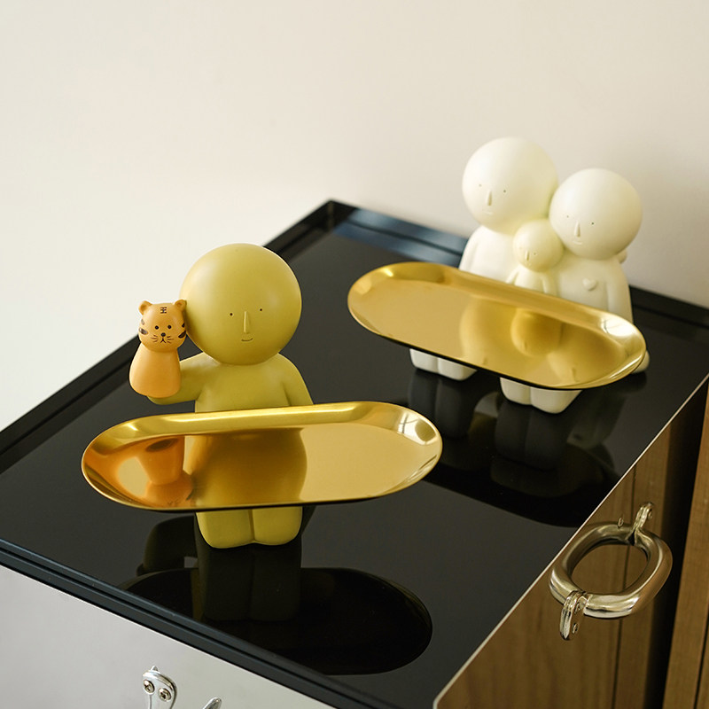 栀美家 光头小人手偶小老虎收纳托盘 进门玄关钥匙置物盘装饰摆件