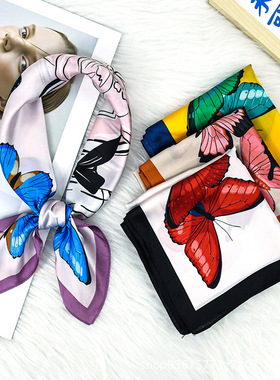 春夏70新款蓝色蝴蝶时尚通勤丝巾粉色香水植物花卉小方巾领巾