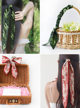 长条树枝叶子红绿色清新长条绑包丝巾中秋礼品盒装饰飘带发带