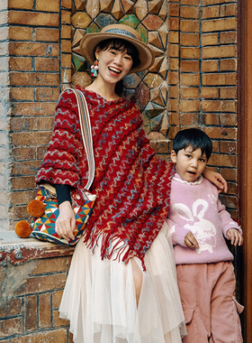 民族风披肩西藏新疆旅行保暖红色斗篷两用毛衣流苏披风围脖