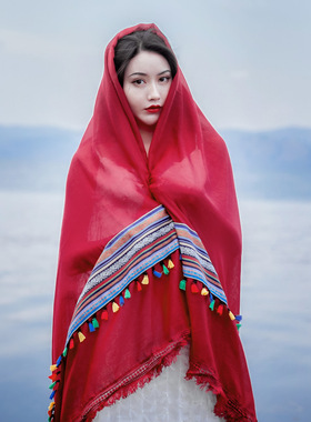 丝巾女春秋季沙漠旅游防晒披肩民族风茶卡盐湖围巾青海大红色纱巾