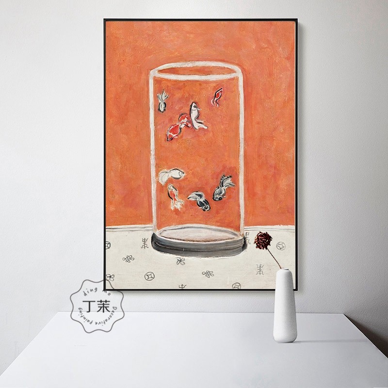 常玉八尾金鱼名画挂画小尺寸卧室床头背景墙抽象人物装饰画文艺