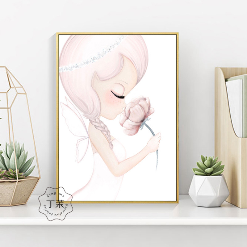 少女心ins壁画北欧儿童房壁画女孩卧室床头挂画粉色公主房装饰画