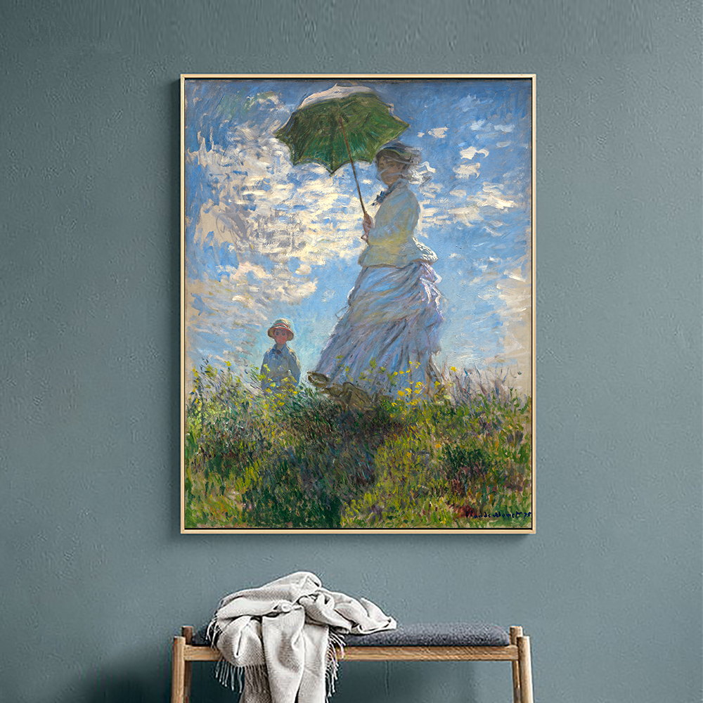 莫奈名画撑伞的女人睡莲花园日出客厅装饰画书房餐厅卧室挂画油画