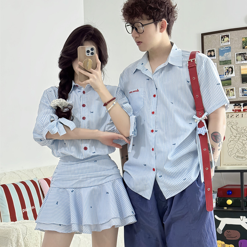 不一样的情侣装夏季条纹短袖衬衫男女连衣裙2025新款超火一裙一衣