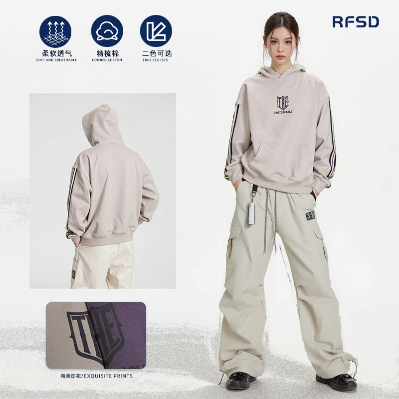 美式复古潮牌运动三条杠印花连帽卫衣男oversize上衣2026春季新款