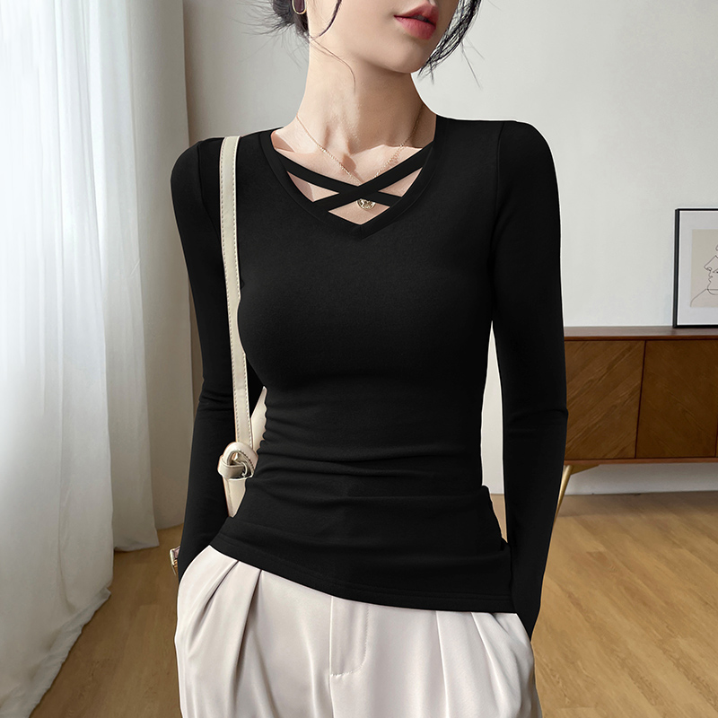 秋冬女打底衫黑色长袖t恤v领感2025年内搭紧身上衣潮1119k