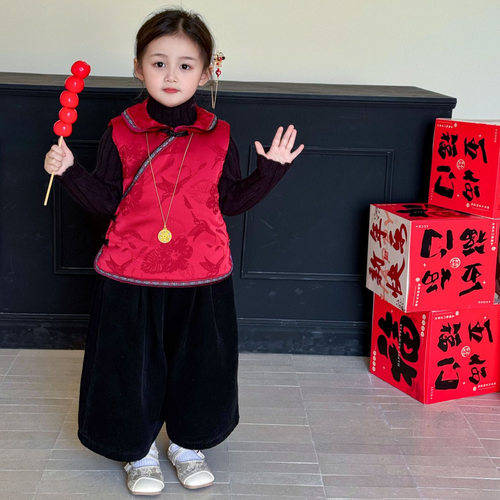 2025冬季新款童装 新中式童装 女童红色镶条夹棉旗袍上衣 拜年服