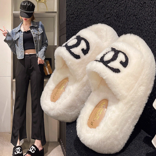 LVАFGН小香风厚底增高8cm毛毛拖鞋女外穿2026秋冬小众棉拖鞋