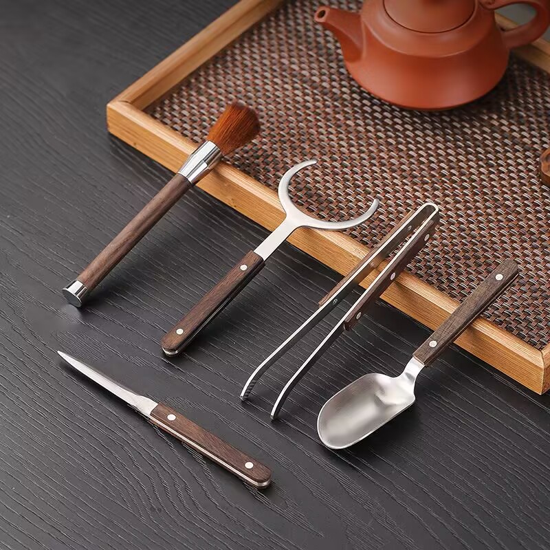 黑檀木茶道不锈钢六君子套装茶夹