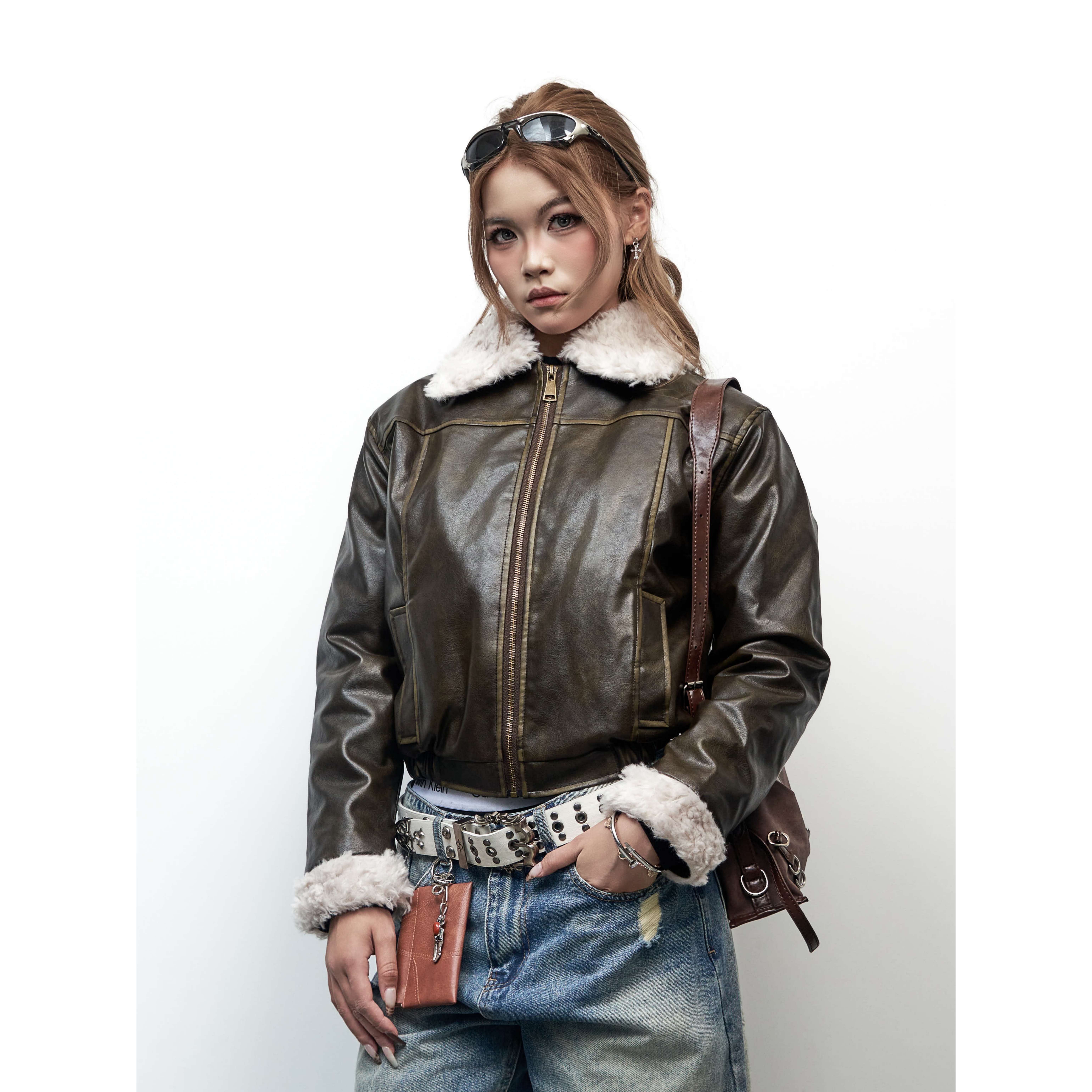 美式复古机车风毛领皮衣女短款