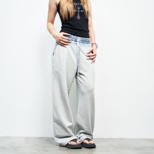 情侣 男女小众设计感高级灰色长裤 SAIMT美式 复古拼接牛仔卫裤