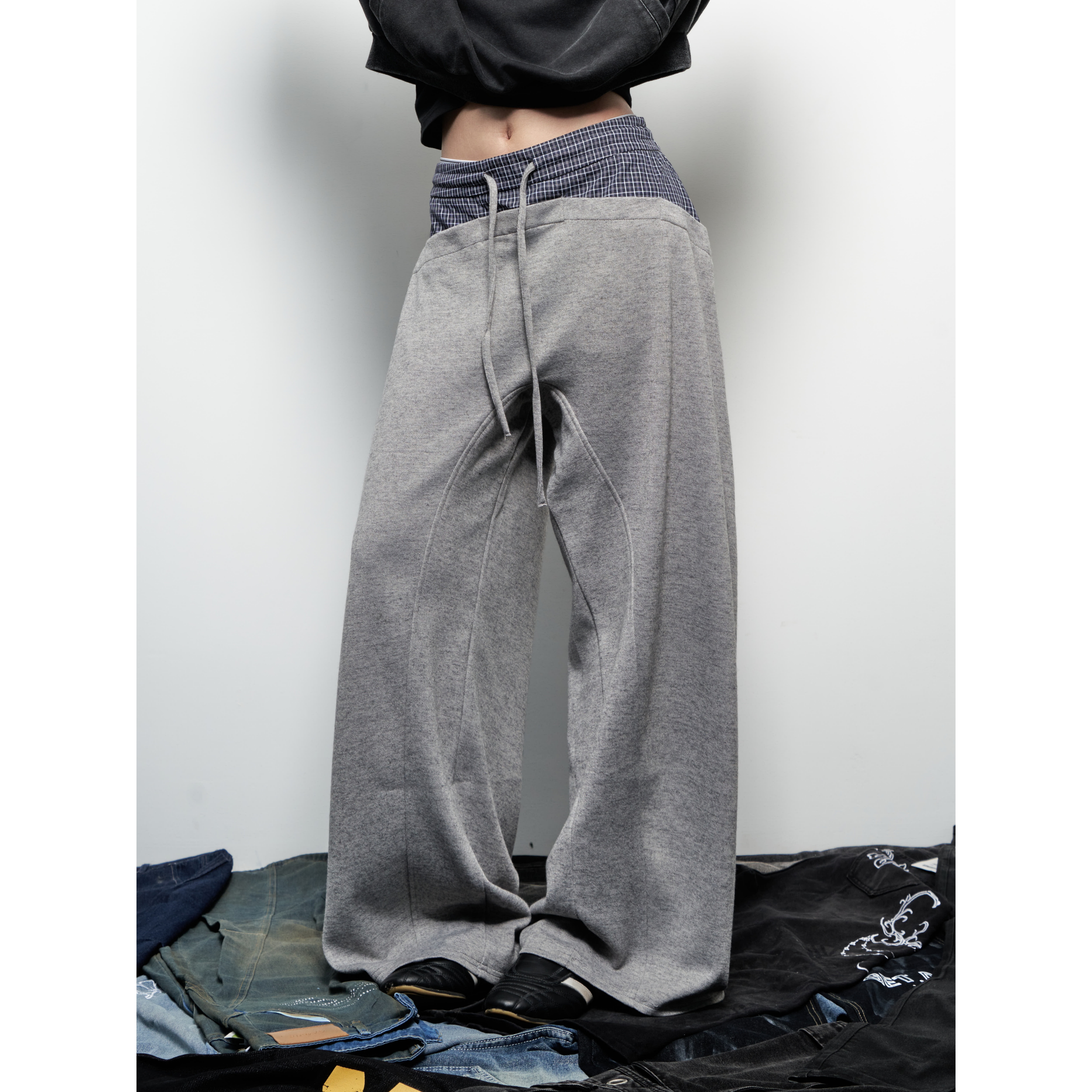 美式复古格子拼接卫裤宽松垂感女