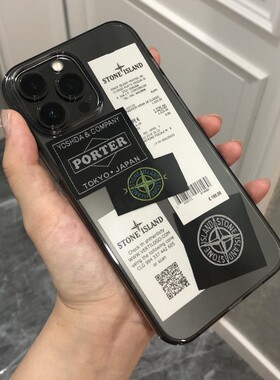 高级黑灰色17pro手机壳diy石头岛标签适用16/15苹果14ProMax潮xr/mini方边12潮牌13创意11情侣xsmax/8plus