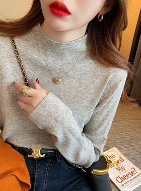 舒适又好穿!灰色长袖正肩高领打底衫女秋冬显瘦针织毛衣内搭上衣