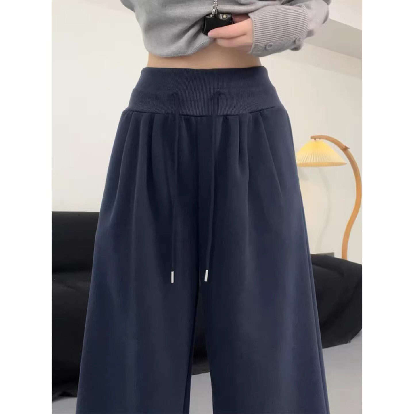 美式复古藏青色运动裤女春秋低腰宽松垂感显瘦慵懒风拖地阔腿卫裤