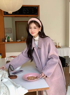 秋冬季外套大衣中长款赫本风温柔紫色毛呢外套女秋冬外穿加厚小众