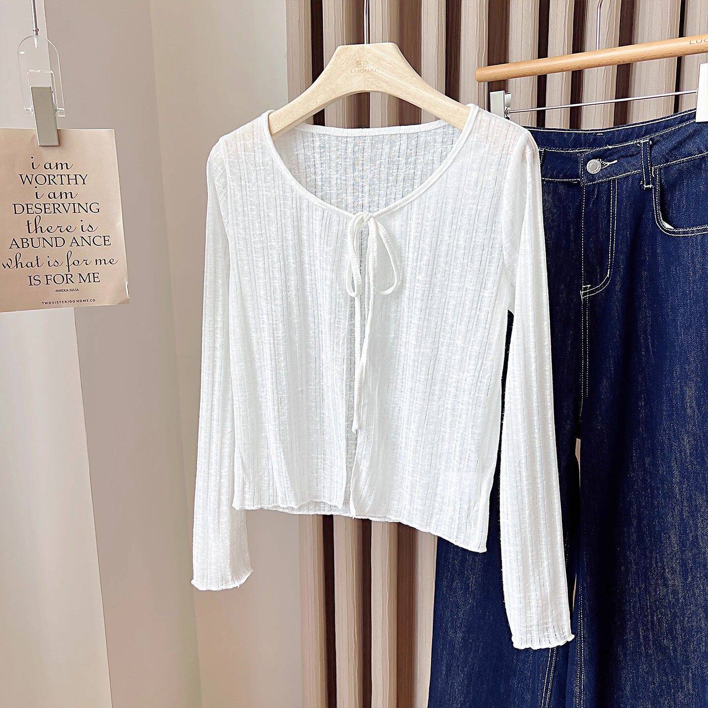 肌理感白色缕空系带设计感防晒针织开衫女2025秋季新款宽松上衣