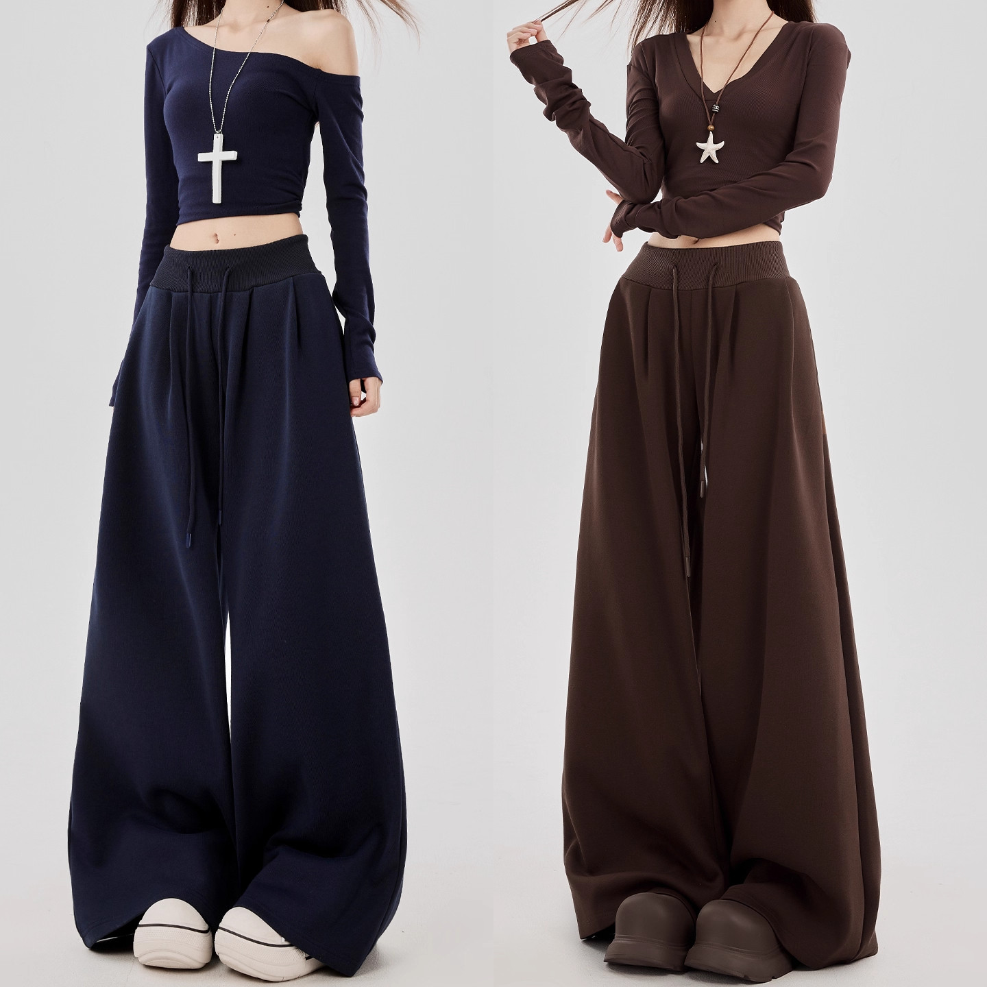 咖色低腰运动裤女秋季2025新款宽松垂感阔腿裤小个子休闲美式卫裤