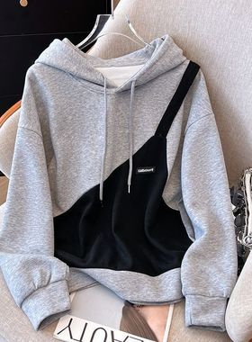 灰色连帽拼接卫衣女秋季新款ins慵懒风套头休闲宽松独特好看上衣