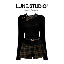 parkyeon小香风千金套装女秋冬巨好看收腰针织上衣格纹短裤两件套