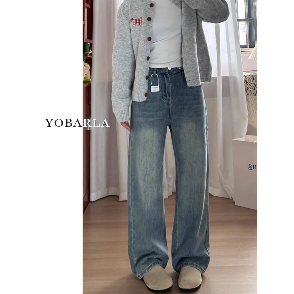 复古蓝直筒牛松仔裤Y女夏季胖新款高腰mm大码显梨瘦形身材宽阔腿