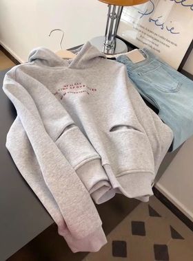 灰色字母印花长袖连帽卫衣女秋冬氛围感慵懒风宽松加绒休闲外套