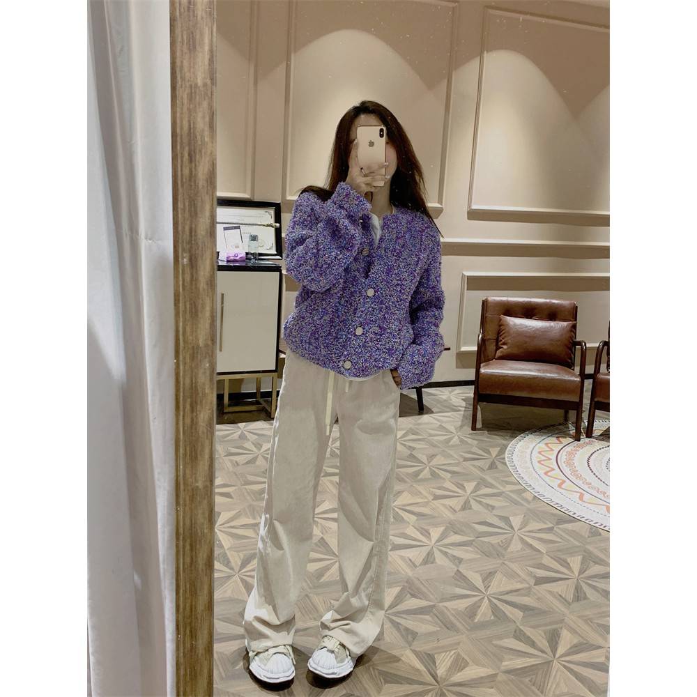 thWans胺多巴穿搭慵懒风紫色针织衫JMT开衫女秋e毛衣外套g小香风
