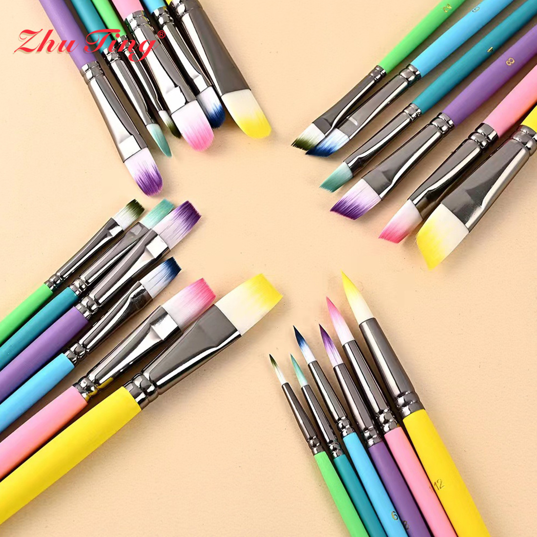 热卖油画笔6支套装马卡龙色水彩水粉画笔丙稀画笔木质