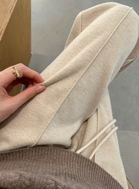 ROVJE CALLIE&OEAS加绒阔腿裤秋冬季垂感直筒裤子女休闲羊毛呢裤