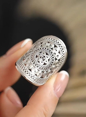 镀银新中式苗族铜鼓花戒指简约高级感花纹时尚百搭创意厂家直销