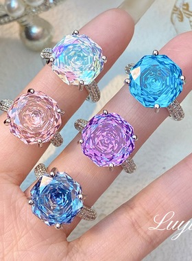 爆闪八角千禧玫瑰切海蓝钻戒指