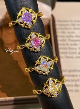 新款八角千禧玫瑰切玫红钻镂空花瓣戒指时尚轻奢彩宝开口女戒批发