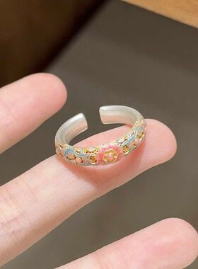 棠枝 探窗新中式精致珐琅彩描金海棠花戒指送礼物