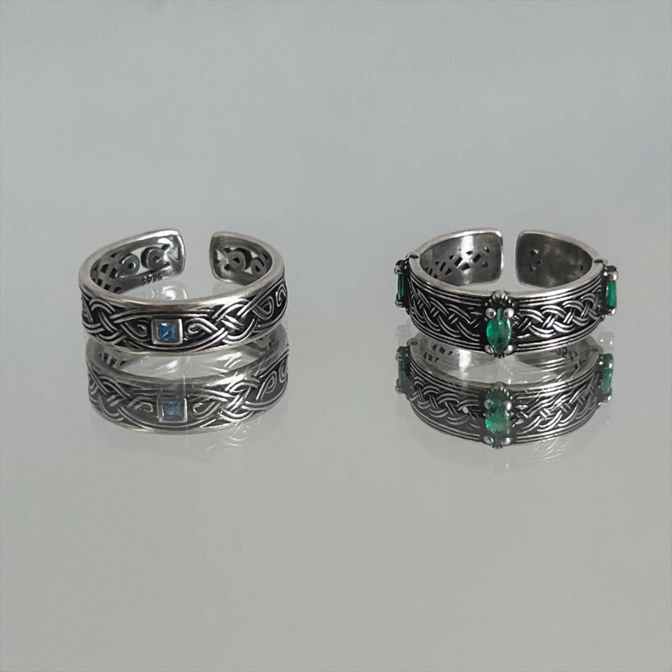 复古交叉麻花戒指男潮个性冷淡风绿钻食指戒时尚百搭仿泰银开口戒