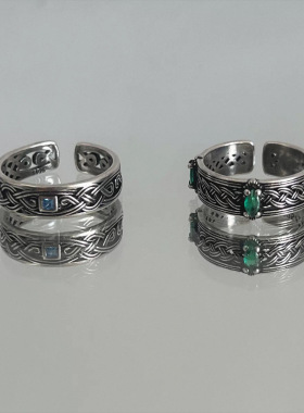 复古交叉麻花戒指男潮个性冷淡风绿钻食指戒时尚百搭仿泰银开口戒