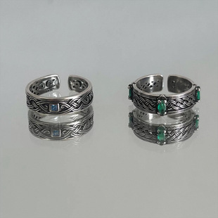 复古交叉麻花戒指男潮个性冷淡风绿钻食指戒时尚百搭仿泰银开口戒