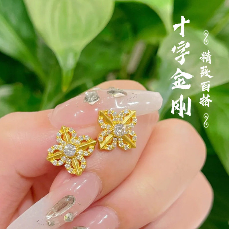强保色古法沙金点钻十字金刚杵耳钉精致百搭小众菱形款耳饰配饰品图片