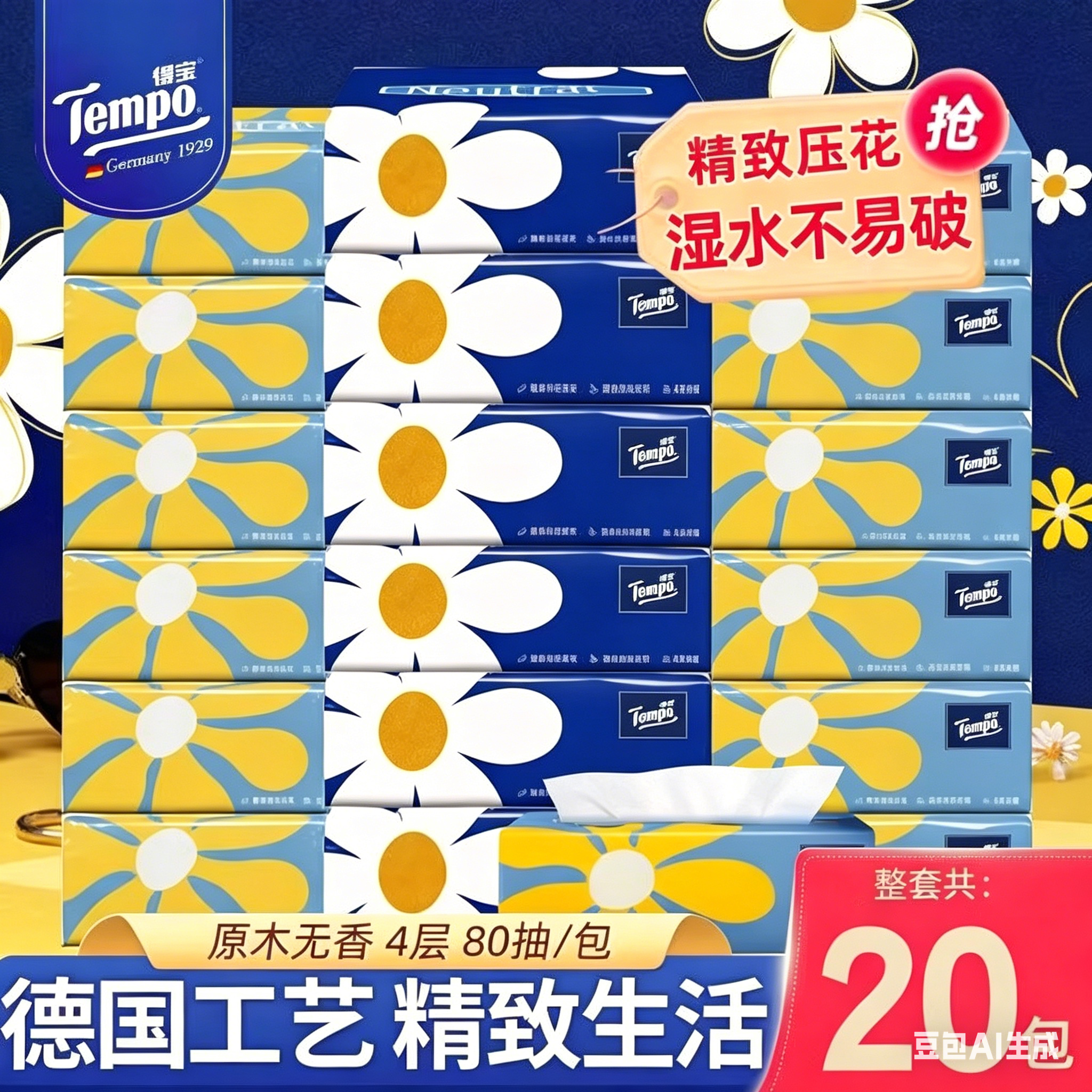 得宝抽纸实惠装亲肤加厚纸巾家用擦手纸一整箱4层手提式厕所纸巾