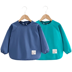 儿童长袖宝宝罩衣防水防脏反穿衣纯色婴儿吃饭围兜饭兜护衣画画衣