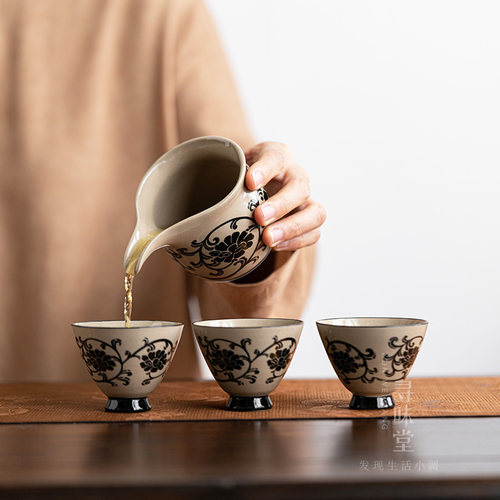 民窑雕花盖碗整套茶具复古风磁州窑青灰釉陶瓷中式功Z夫礼盒套装