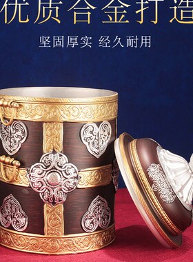 藏式民族风合金糌粑盒新款v雕刻红铜银双L色果盘收纳罐奶锅家用摆