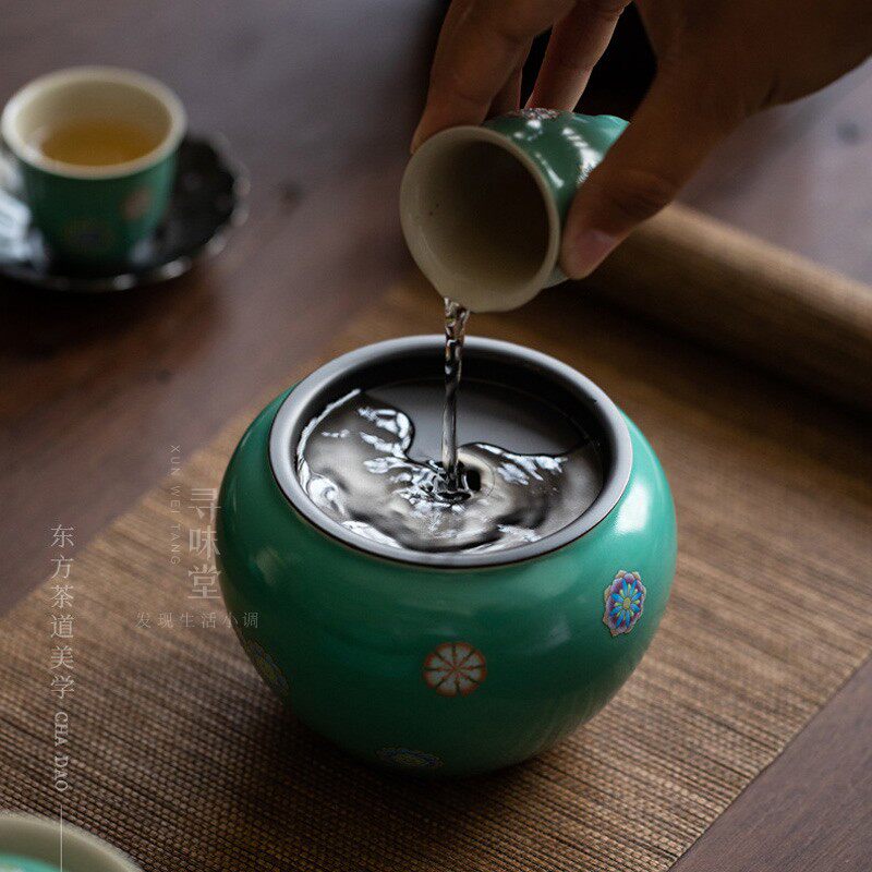 雅致皮球花建水日式简约小号陶瓷茶洗水盂带盖茶渣.桶干泡茶具