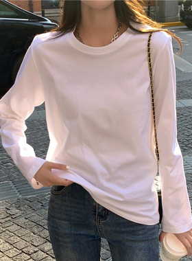 白色长袖内搭衣女2025春季纯棉正肩T恤内搭秋冬叠穿圆领宽松上衣