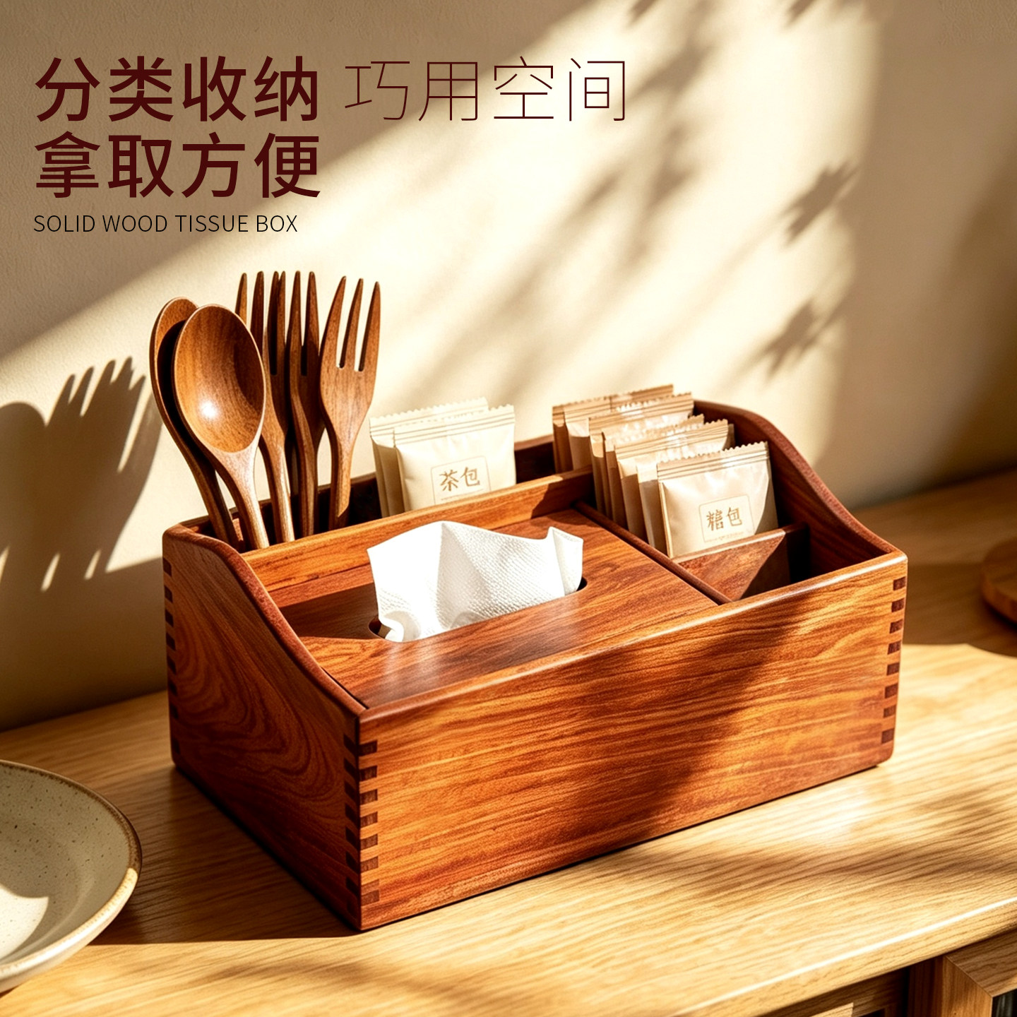 品瓷匠实木纸巾盒集成多格收纳盒