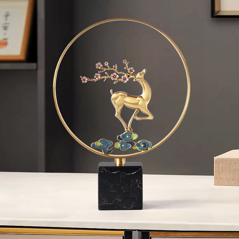 珐琅彩梅花鹿黄铜摆件客厅玄关家居装饰新中式书房工艺品乔迁礼物